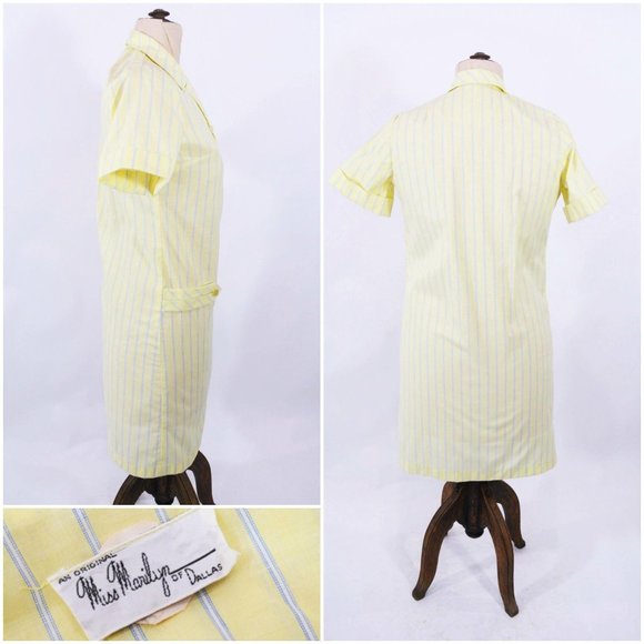 Vintage 1960s Yellow Stripe Dress Blue Mod Shift | W 40" - Picture 5 of 5
